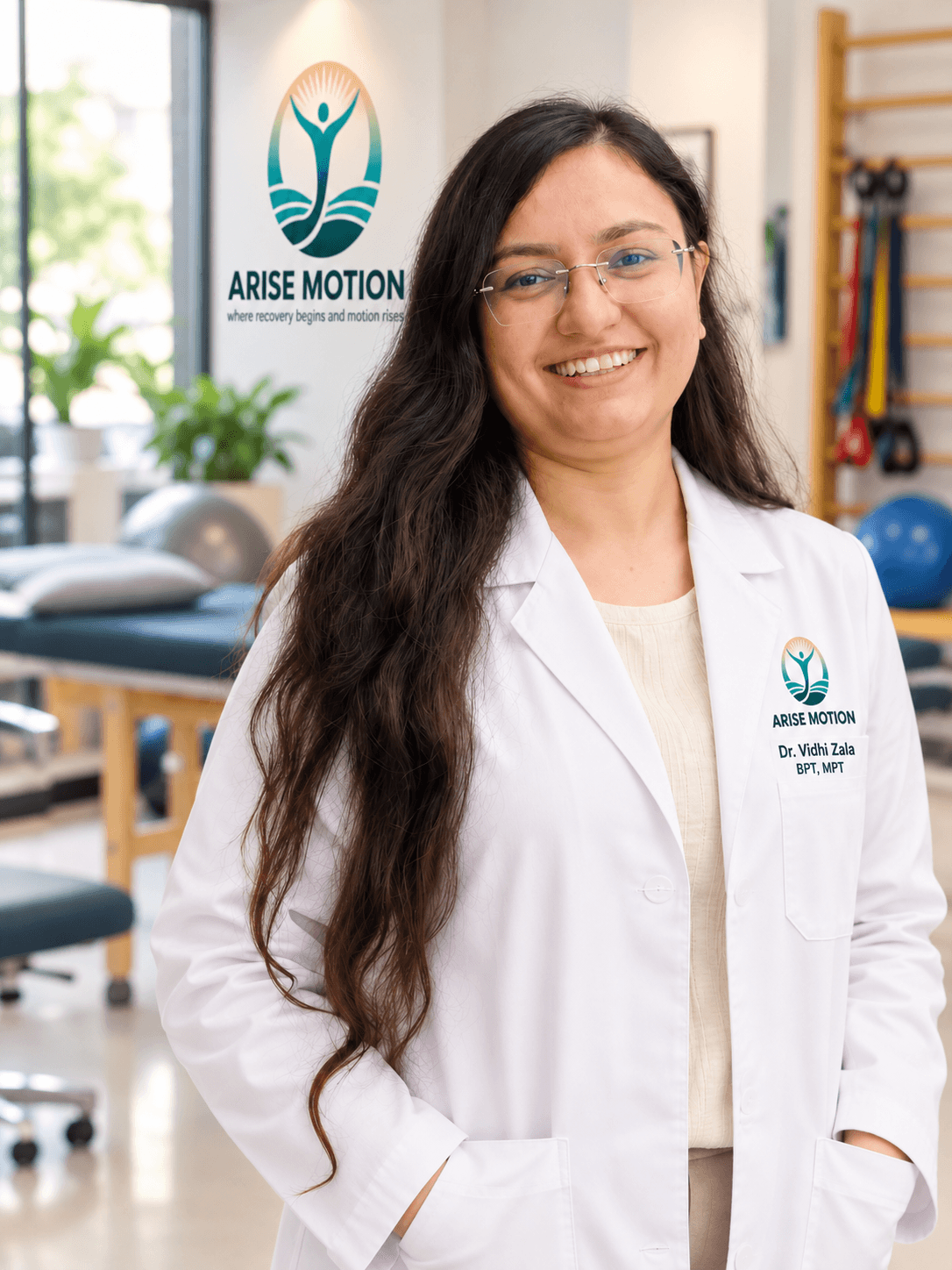 Dr. Vidhi Zala, neuro-physiotherapist, smiling in a white coat with her hands in her pockets
